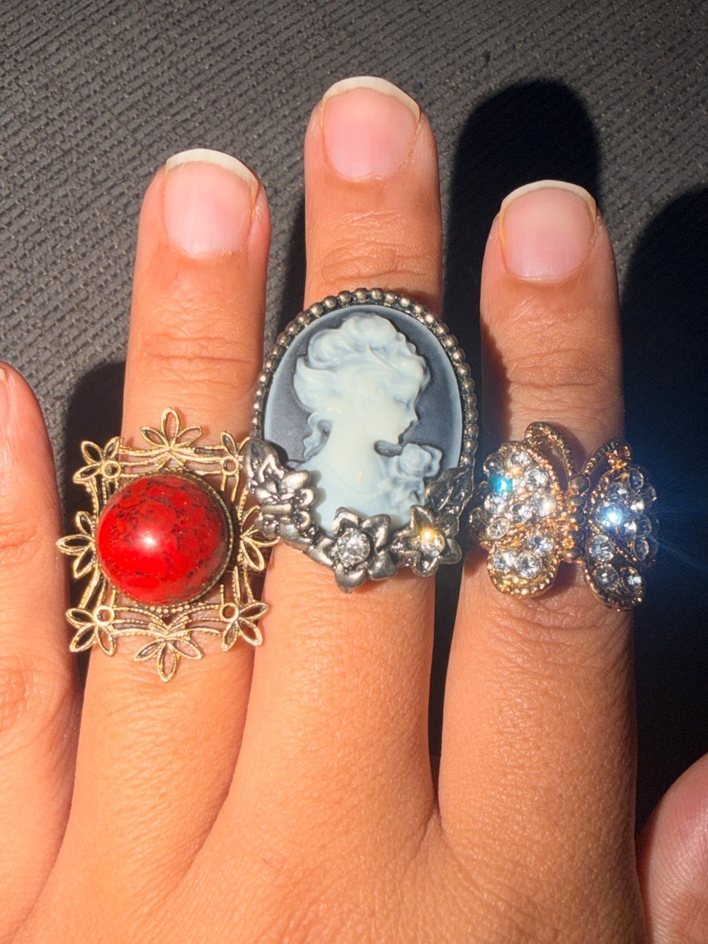 3 adjustable rings- Vintage-Inspired Cameo & Gemstone Ring and butterfly